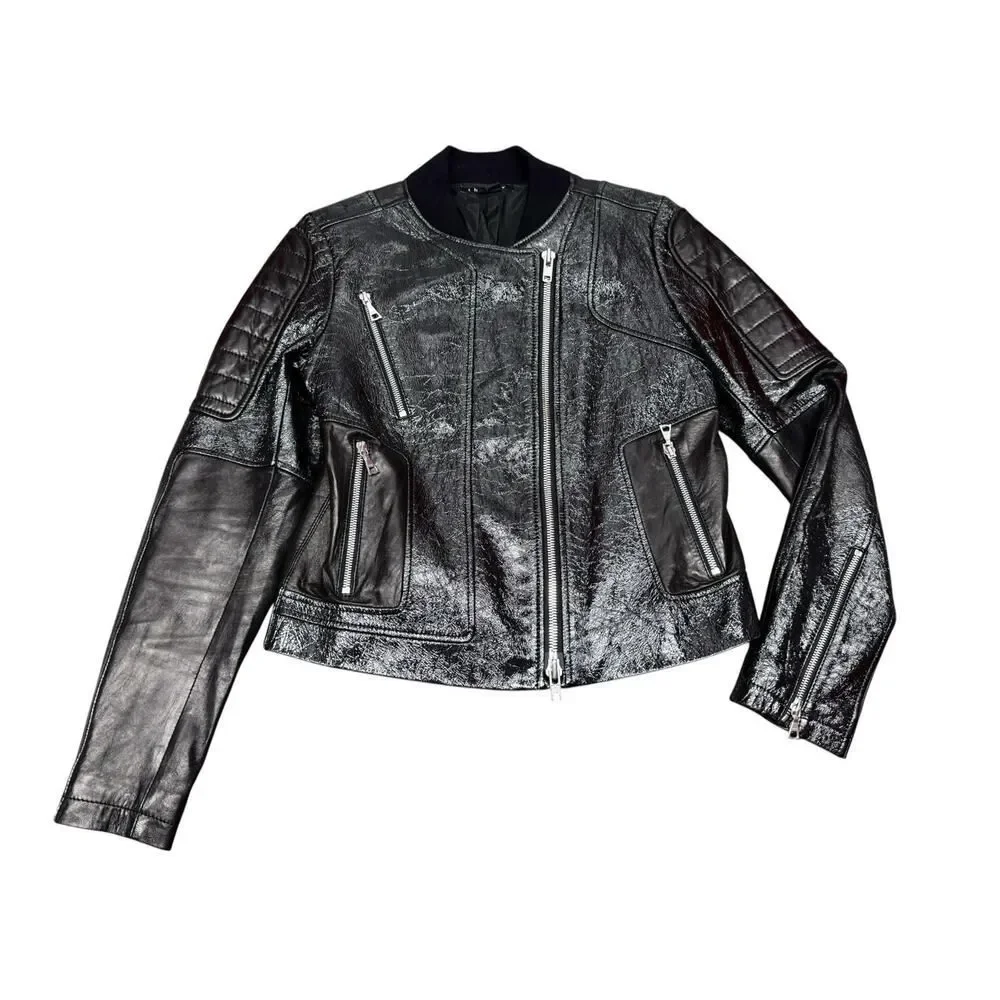 Theory Shezi Lamb Leather Moto Jacket Black Patent Crackled Zip M
